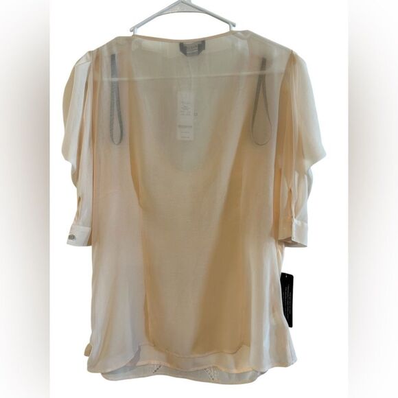 Bebe Embroidered Hand Beaded Draped sleeves Pink blush Sheer Blouse XL - Picture 2 of 13